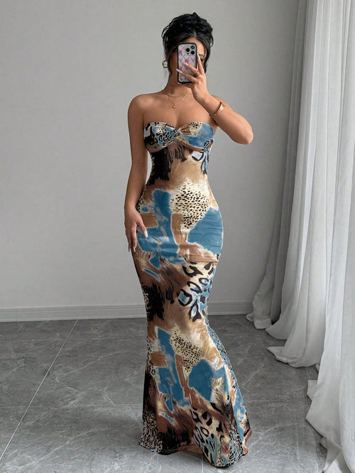Elenzga Sleeveless Twist Cutout Back Tie Up Bodycon Maxi Leopard Print Dress