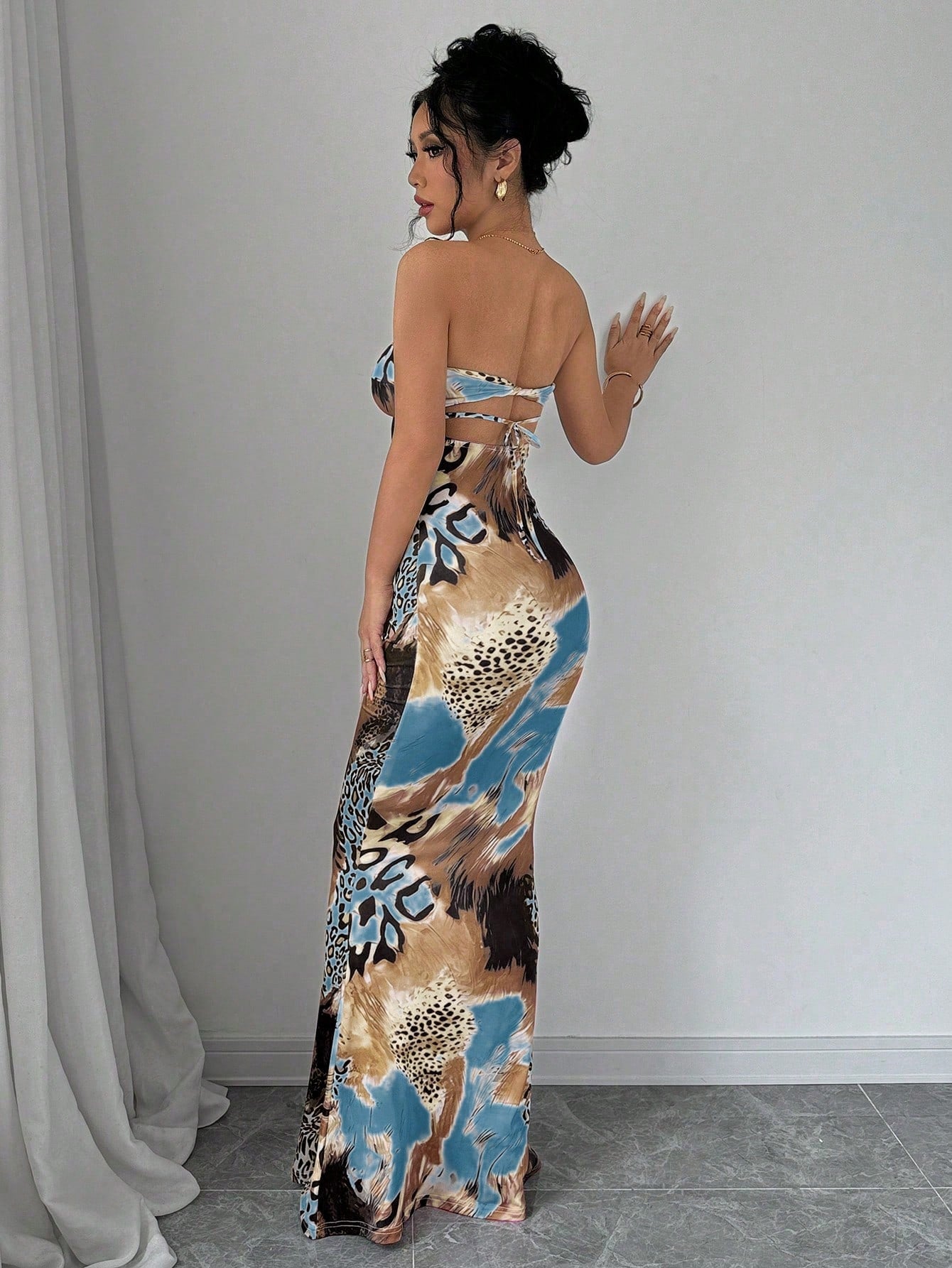 Elenzga Sleeveless Twist Cutout Back Tie Up Bodycon Maxi Leopard Print Dress