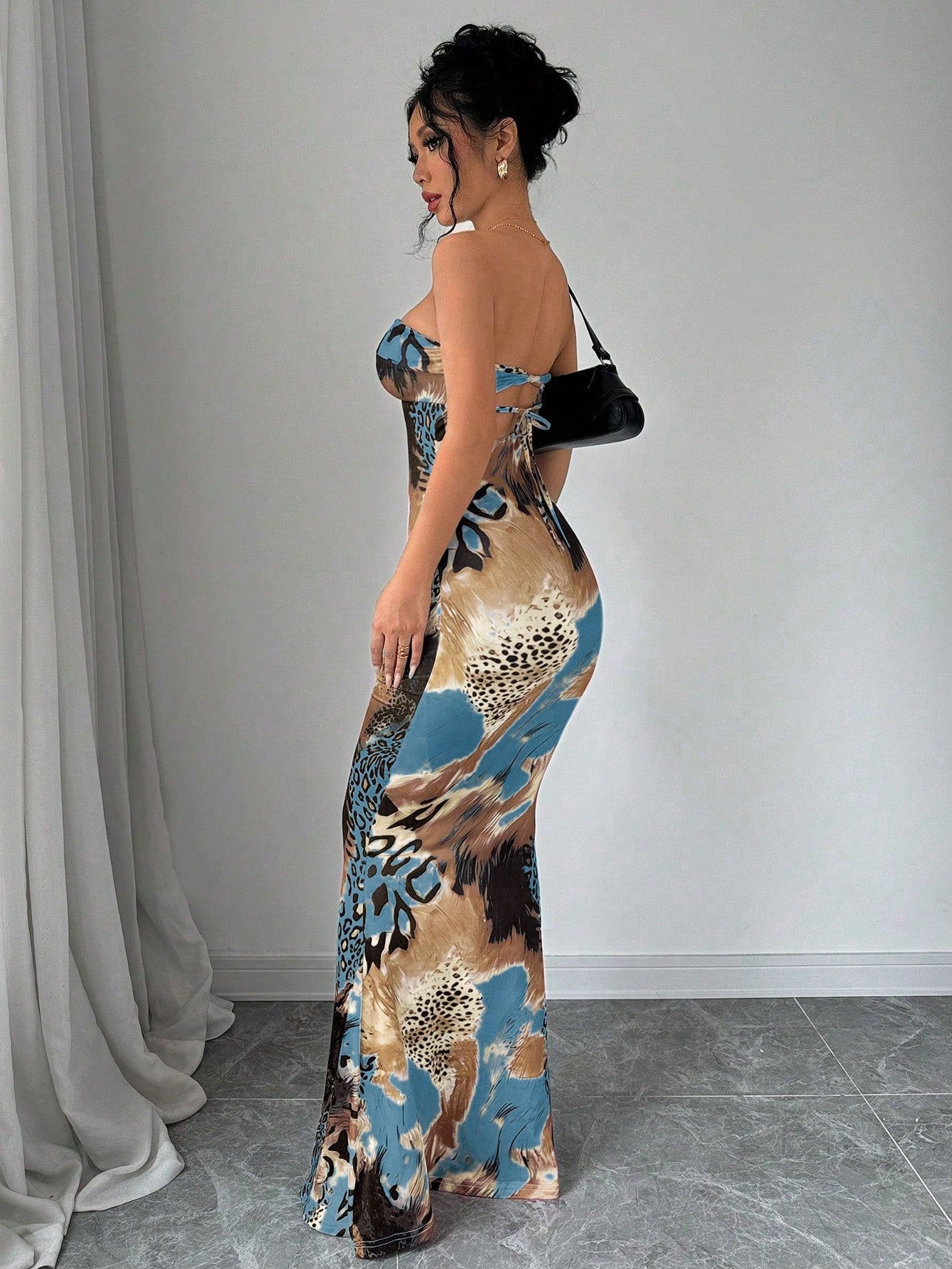 Elenzga Sleeveless Twist Cutout Back Tie Up Bodycon Maxi Leopard Print Dress