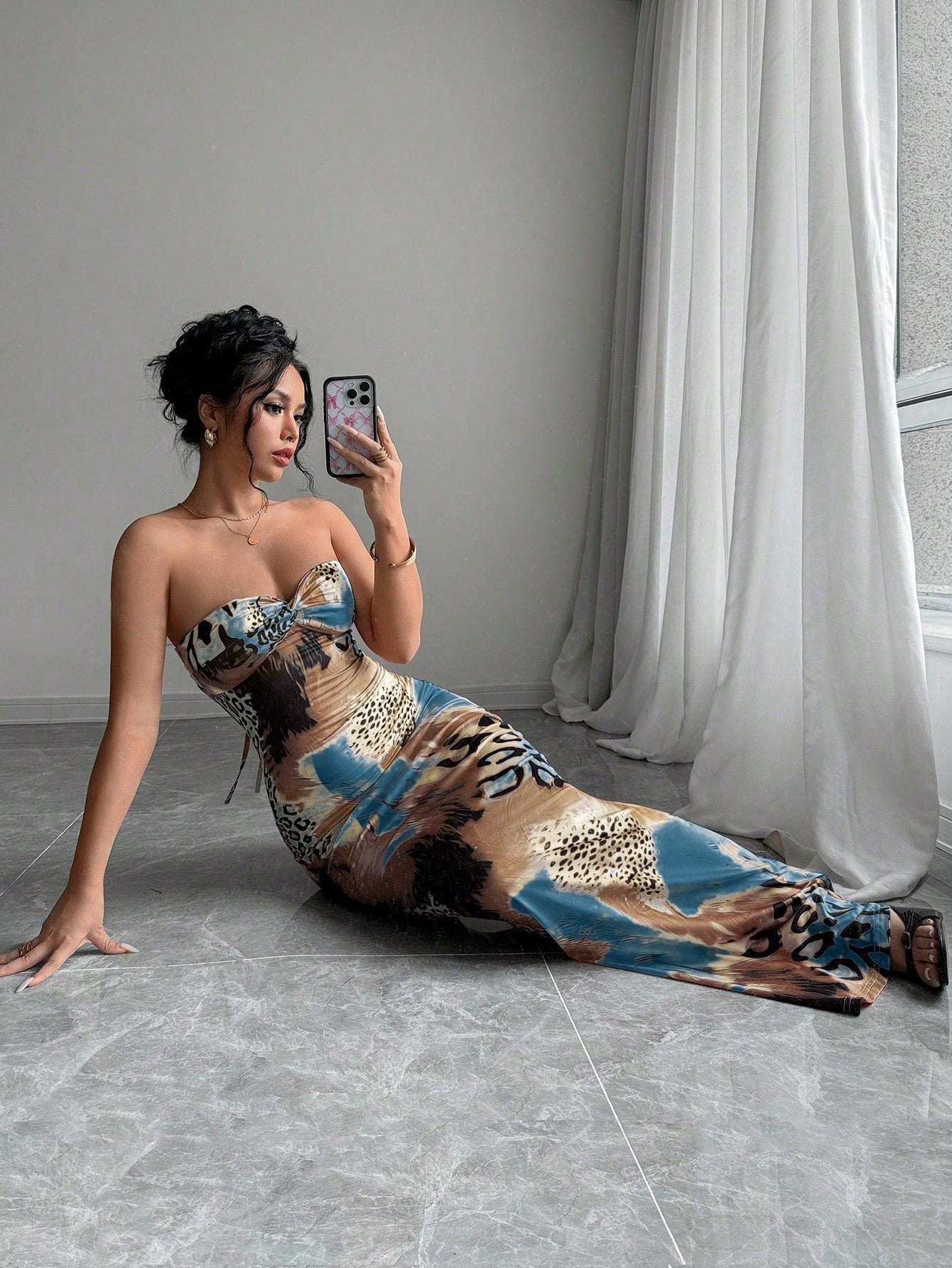 Elenzga Sleeveless Twist Cutout Back Tie Up Bodycon Maxi Leopard Print Dress