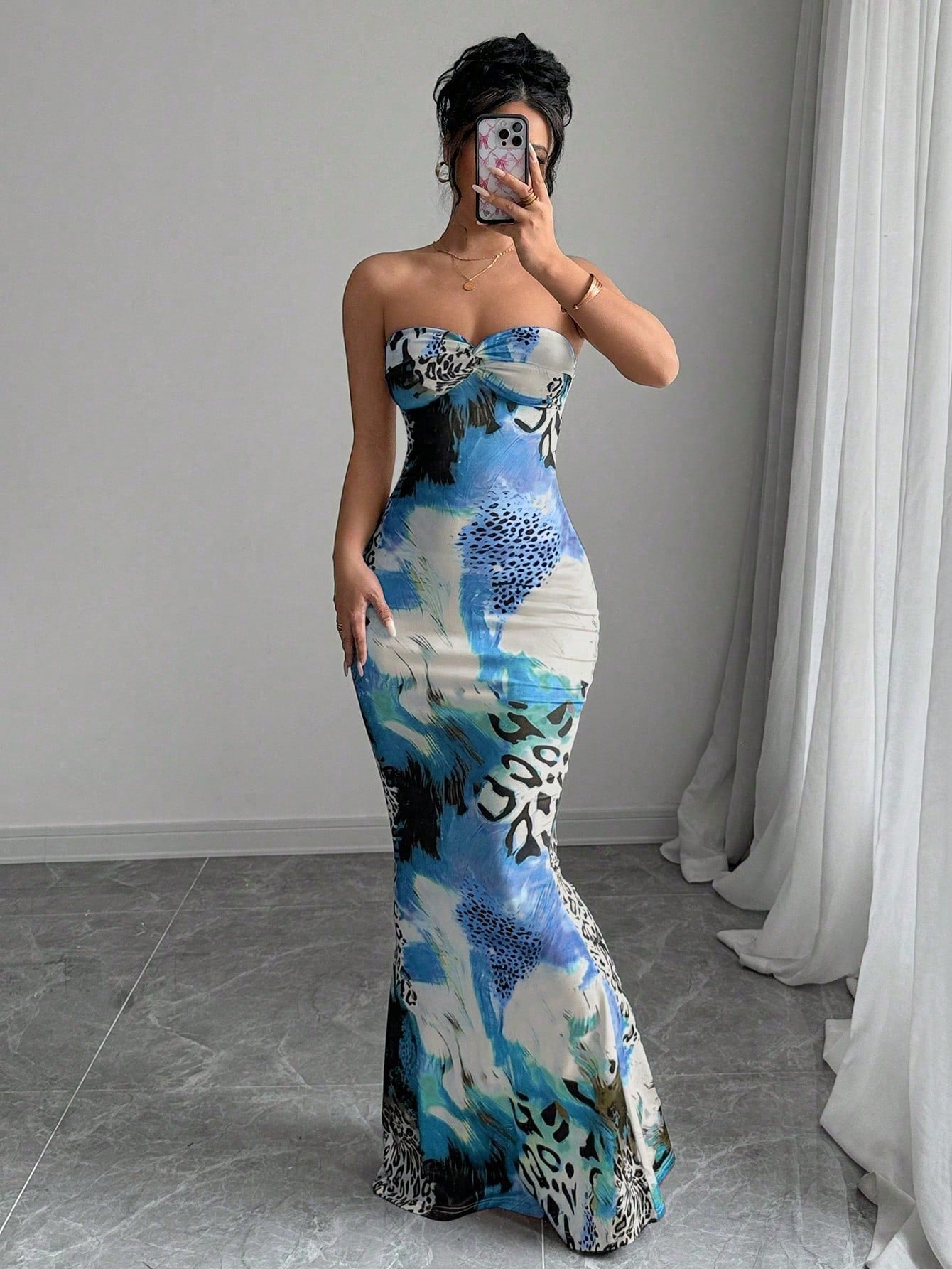 Elenzga Sleeveless Twist Cutout Back Tie Up Bodycon Maxi Leopard Print Dress