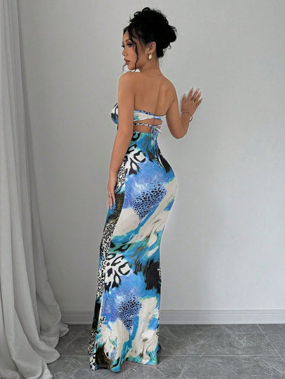 Elenzga Sleeveless Twist Cutout Back Tie Up Bodycon Maxi Leopard Print Dress