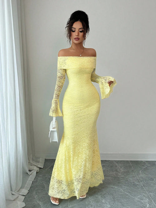 Elenzga Women Pale Yellow Elegant Summer Tea Party Dress,Off-Shoulder Flared Sleeve Lace Midi Long Wedding Guest Formal Party Clothes,Fitted Autumn Apparel