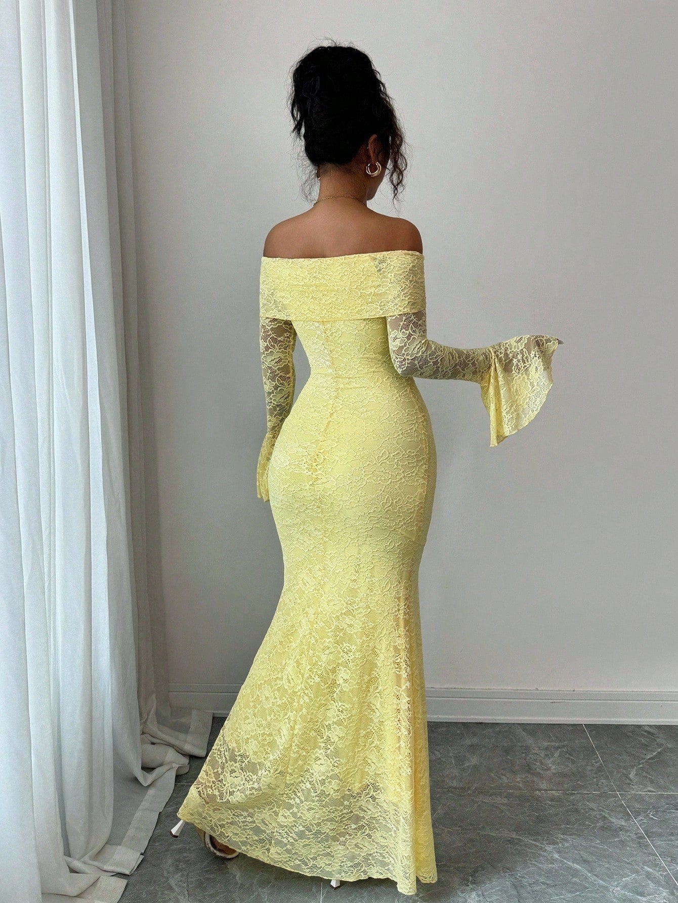 Elenzga Women Pale Yellow Elegant Summer Tea Party Dress,Off-Shoulder Flared Sleeve Lace Midi Long Wedding Guest Formal Party Clothes,Fitted Autumn Apparel