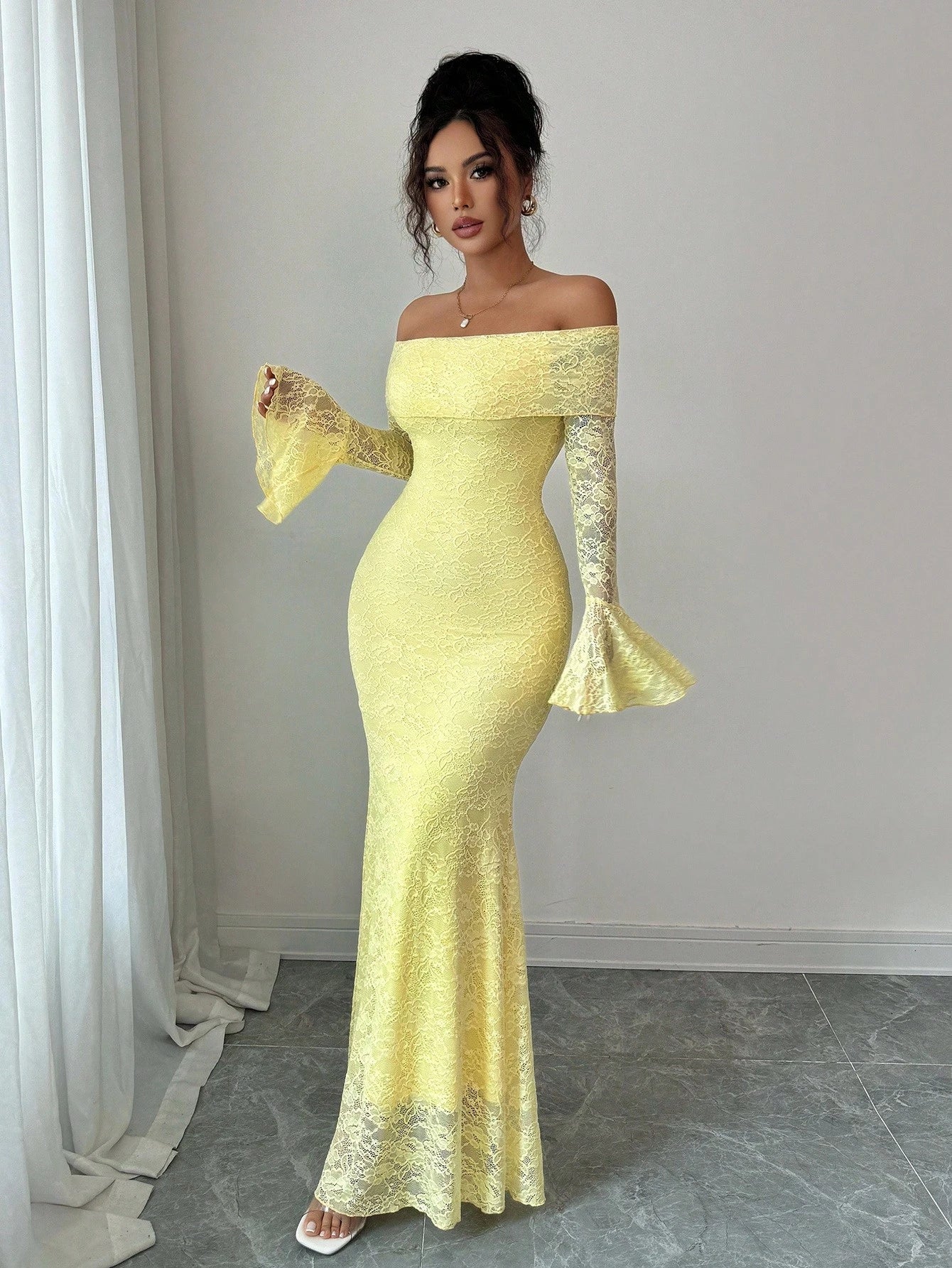 Elenzga Women Pale Yellow Elegant Summer Tea Party Dress,Off-Shoulder Flared Sleeve Lace Midi Long Wedding Guest Formal Party Clothes,Fitted Autumn Apparel