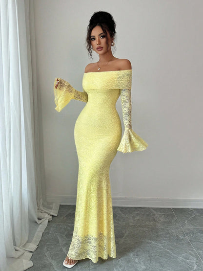 Elenzga Women Pale Yellow Elegant Summer Tea Party Dress,Off-Shoulder Flared Sleeve Lace Midi Long Wedding Guest Formal Party Clothes,Fitted Autumn Apparel