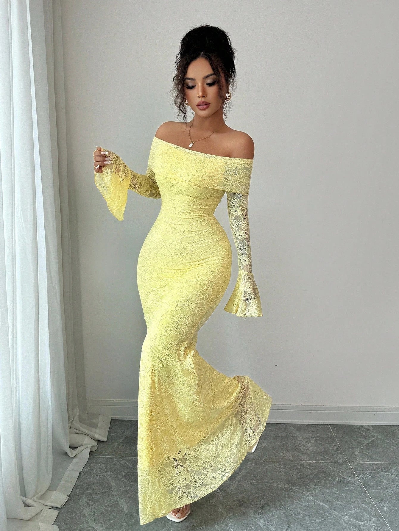 Elenzga Women Pale Yellow Elegant Summer Tea Party Dress,Off-Shoulder Flared Sleeve Lace Midi Long Wedding Guest Formal Party Clothes,Fitted Autumn Apparel