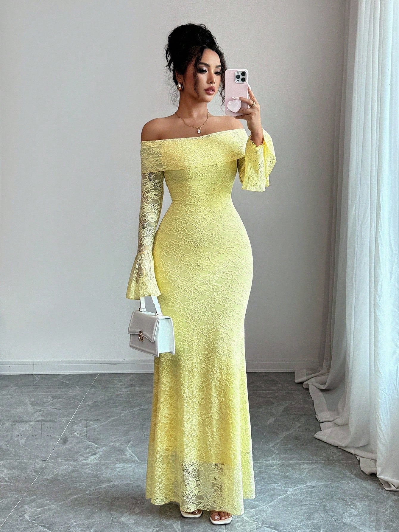 Elenzga Women Pale Yellow Elegant Summer Tea Party Dress,Off-Shoulder Flared Sleeve Lace Midi Long Wedding Guest Formal Party Clothes,Fitted Autumn Apparel