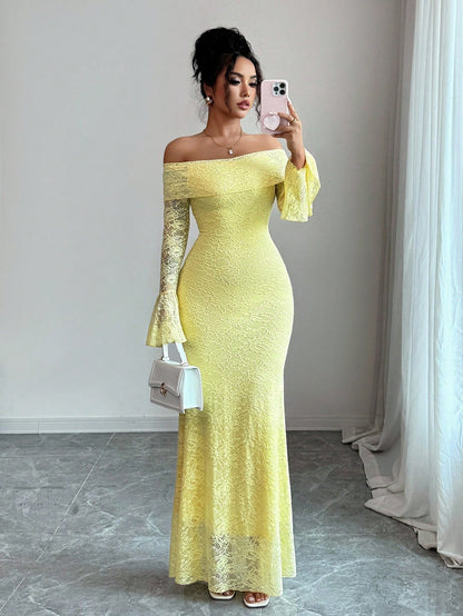 Elenzga Women Pale Yellow Elegant Summer Tea Party Dress,Off-Shoulder Flared Sleeve Lace Midi Long Wedding Guest Formal Party Clothes,Fitted Autumn Apparel