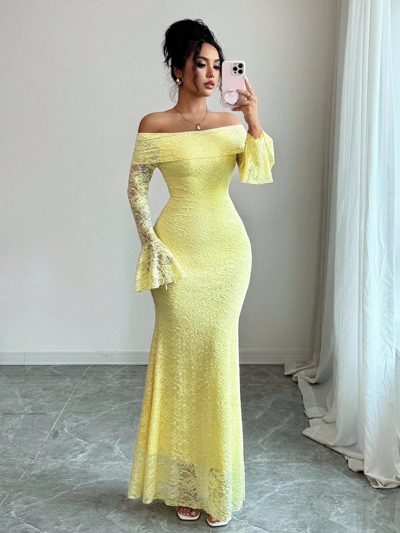 Elenzga Women Pale Yellow Elegant Summer Tea Party Dress,Off-Shoulder Flared Sleeve Lace Midi Long Wedding Guest Formal Party Clothes,Fitted Autumn Apparel