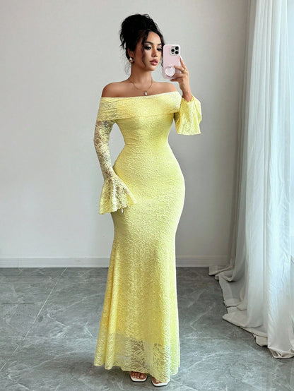 Elenzga Women Pale Yellow Elegant Summer Tea Party Dress,Off-Shoulder Flared Sleeve Lace Midi Long Wedding Guest Formal Party Clothes,Fitted Autumn Apparel