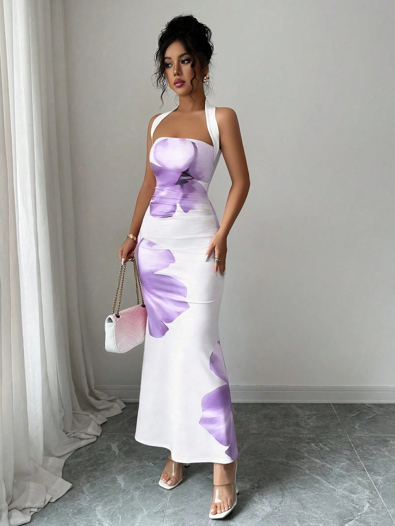Elenzga Women's 2025 Summer Halter Tie Waist Slim Fit Printed Mid-Length Dress