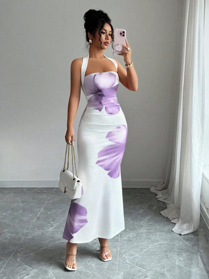 Elenzga Women's 2025 Summer Halter Tie Waist Slim Fit Printed Mid-Length Dress