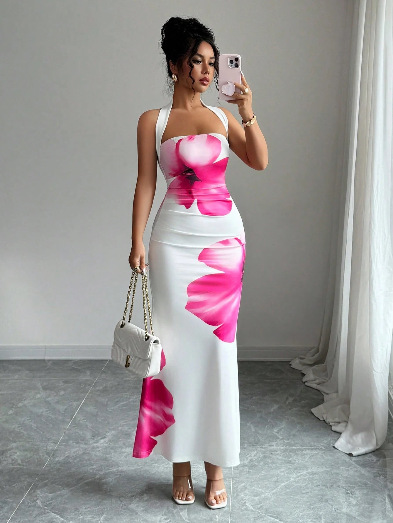 Elenzga Women's 2025 Summer Halter Tie Waist Slim Fit Printed Mid-Length Dress