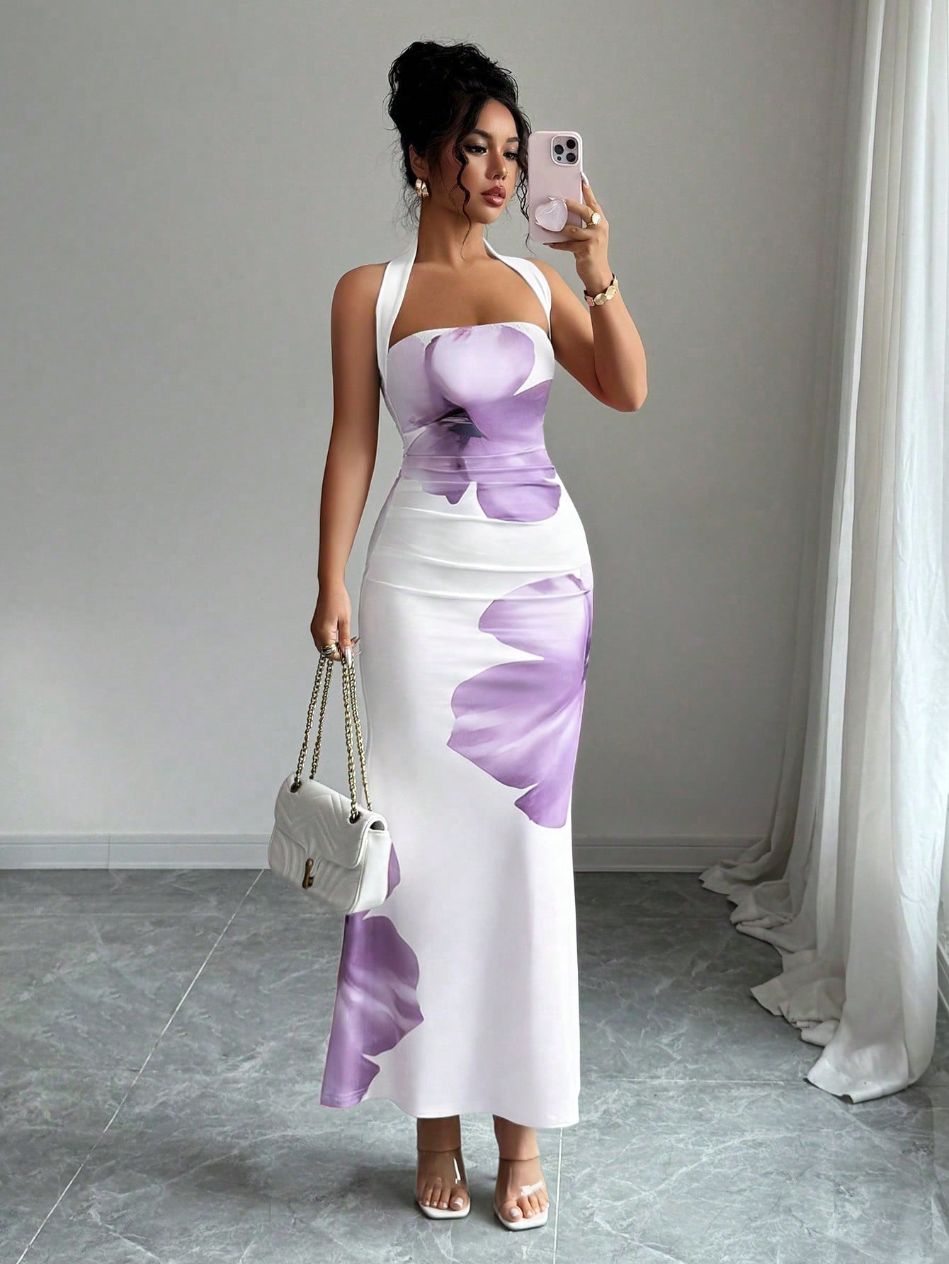 Elenzga Women's 2025 Summer Halter Tie Waist Slim Fit Printed Mid-Length Dress