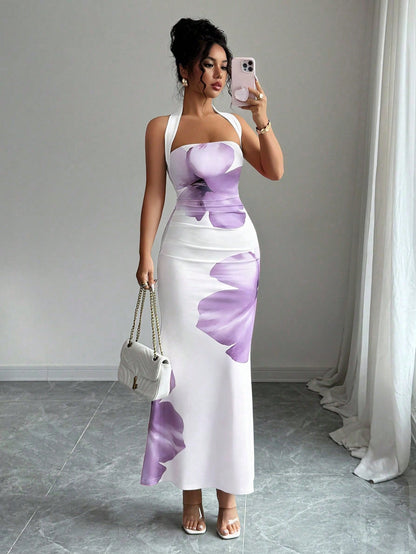 Elenzga Women's 2025 Summer Halter Tie Waist Slim Fit Printed Mid-Length Dress