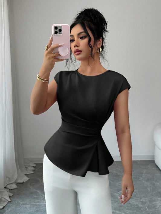 Elenzga Women's Black Elegant Summer Office Round Neck Cinched Waist Top, French Sweet Vacation Workplace Wedding Party