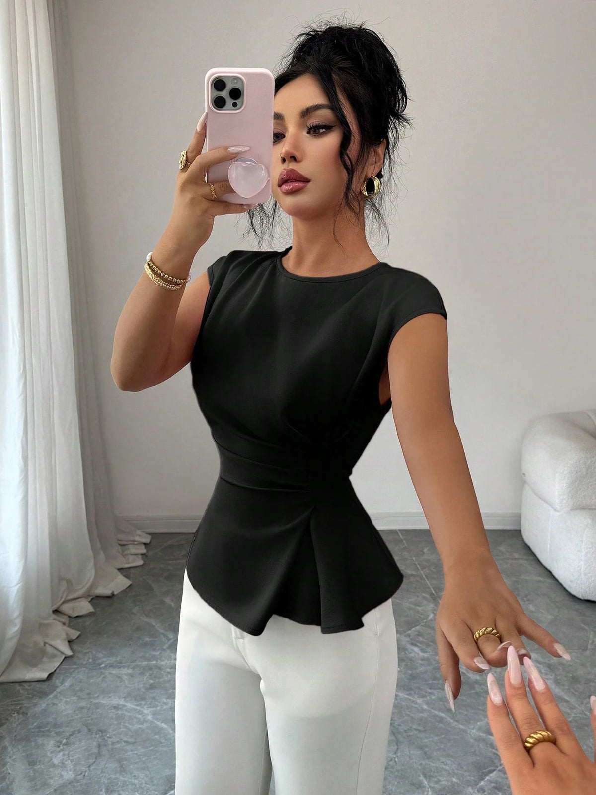 Elenzga Women's Black Elegant Summer Office Round Neck Cinched Waist Top, French Sweet Vacation Workplace Wedding Party