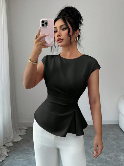 Elenzga Women's Black Elegant Summer Office Round Neck Cinched Waist Top, French Sweet Vacation Workplace Wedding Party