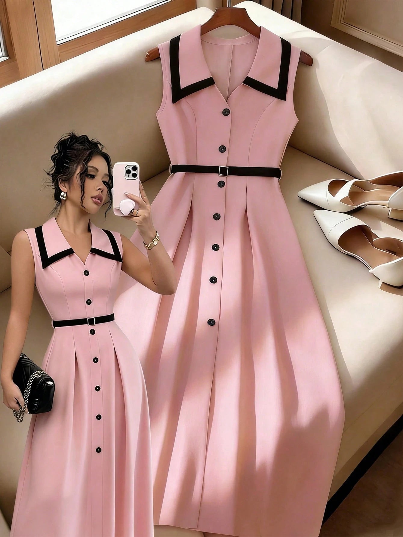Elenzga Women's Elegant Retro Lapel Cinched Waist Button Waist Fitted Midi Dress, Apricot/Black, Commuting & Formal, Spring/Summer