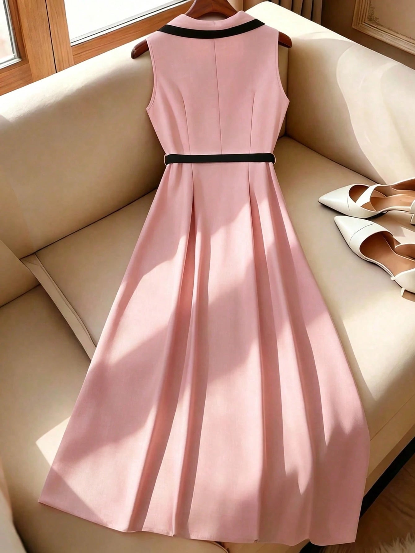 Elenzga Women's Elegant Retro Lapel Cinched Waist Button Waist Fitted Midi Dress, Apricot/Black, Commuting & Formal, Spring/Summer