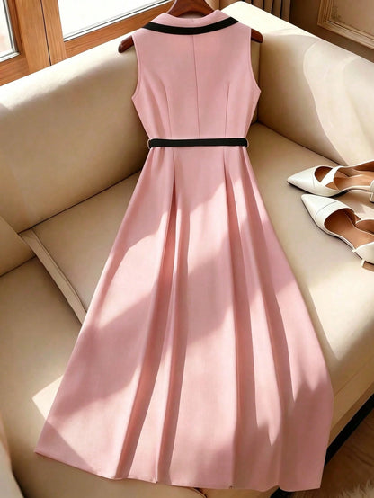 Elenzga Women's Elegant Retro Lapel Cinched Waist Button Waist Fitted Midi Dress, Apricot/Black, Commuting & Formal, Spring/Summer