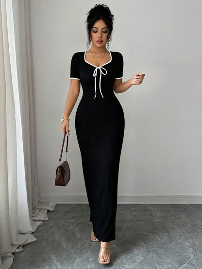 Elenzga Women's Elegant Romantic Apricot Sweetheart Collar Bow Tie Waist Design Short Sleeve Fitted Long Dress, Spring/Summer