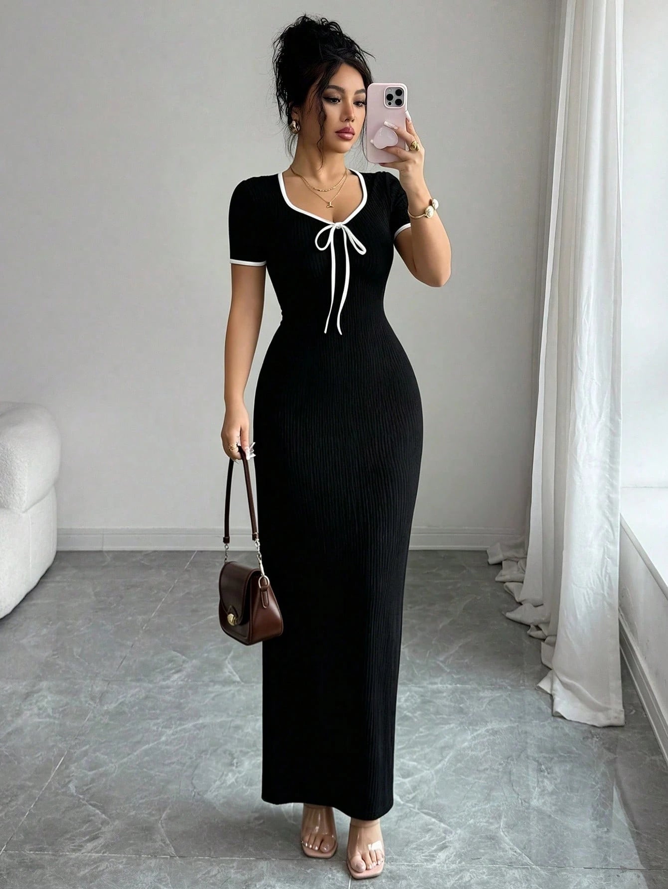 Elenzga Women's Elegant Romantic Apricot Sweetheart Collar Bow Tie Waist Design Short Sleeve Fitted Long Dress, Spring/Summer