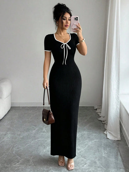 Elenzga Women's Elegant Romantic Apricot Sweetheart Collar Bow Tie Waist Design Short Sleeve Fitted Long Dress, Spring/Summer