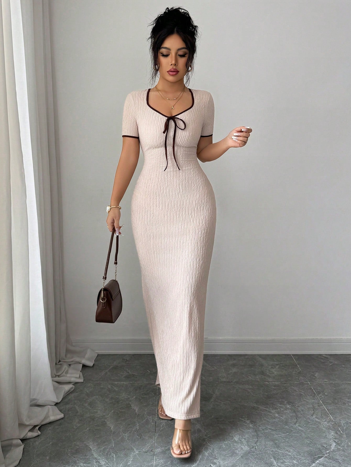 Elenzga Women's Elegant Romantic Apricot Sweetheart Collar Bow Tie Waist Design Short Sleeve Fitted Long Dress, Spring/Summer