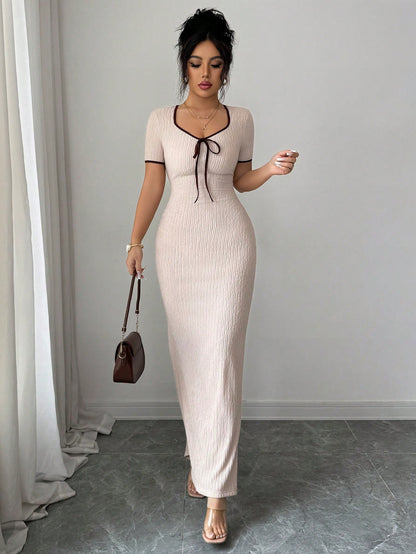 Elenzga Women's Elegant Romantic Apricot Sweetheart Collar Bow Tie Waist Design Short Sleeve Fitted Long Dress, Spring/Summer