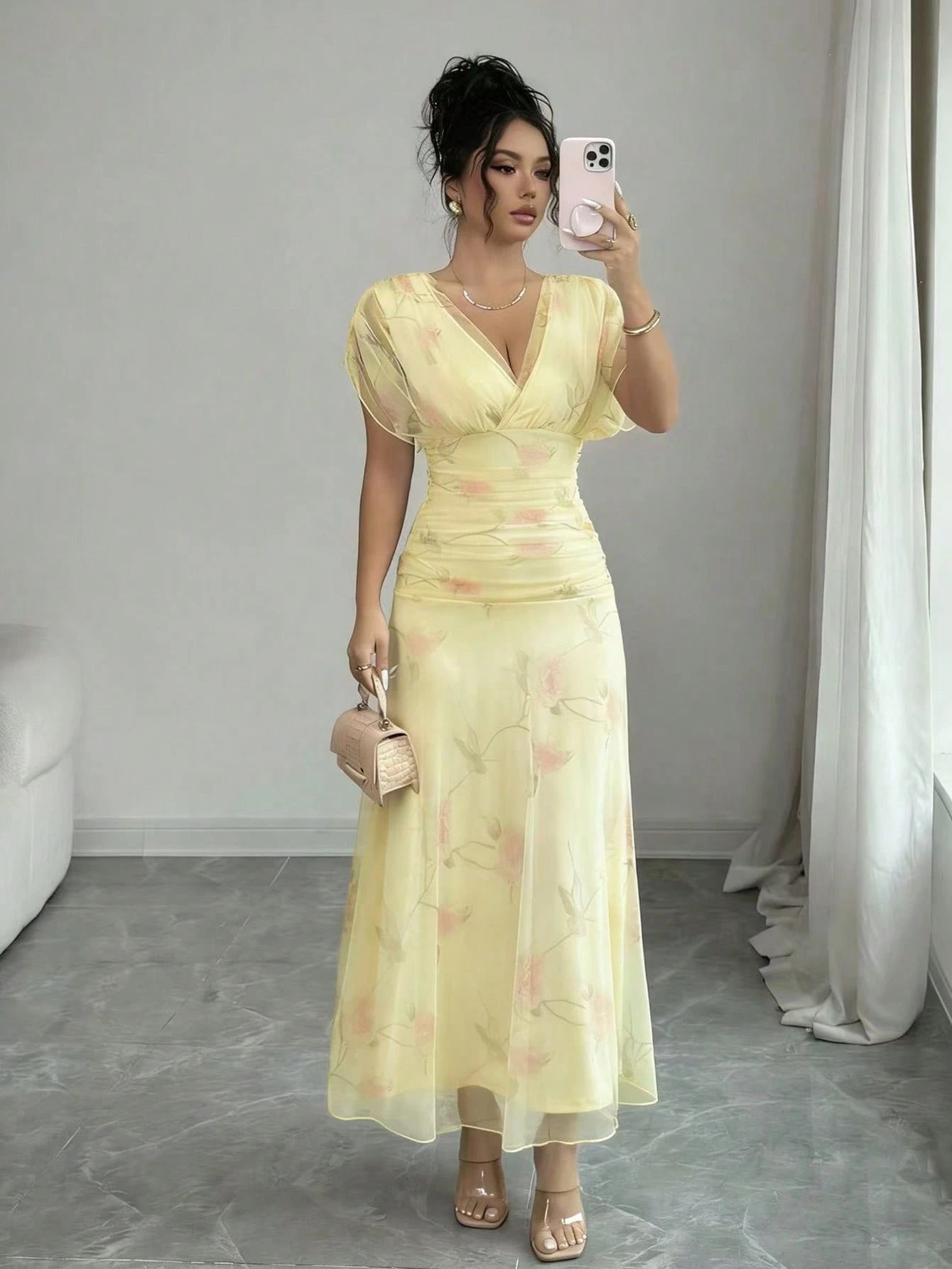 Elenzga Women's Elegant Summer Pink And Yellow Mesh Printed Peony Dress With Lining,Wedding Ninang Floral Dress For Formal Evenings,Parties & Dates