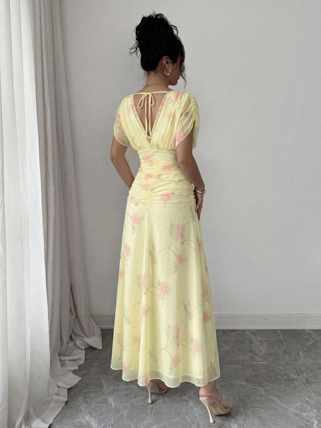 Elenzga Women's Elegant Summer Pink And Yellow Mesh Printed Peony Dress With Lining,Wedding Ninang Floral Dress For Formal Evenings,Parties & Dates