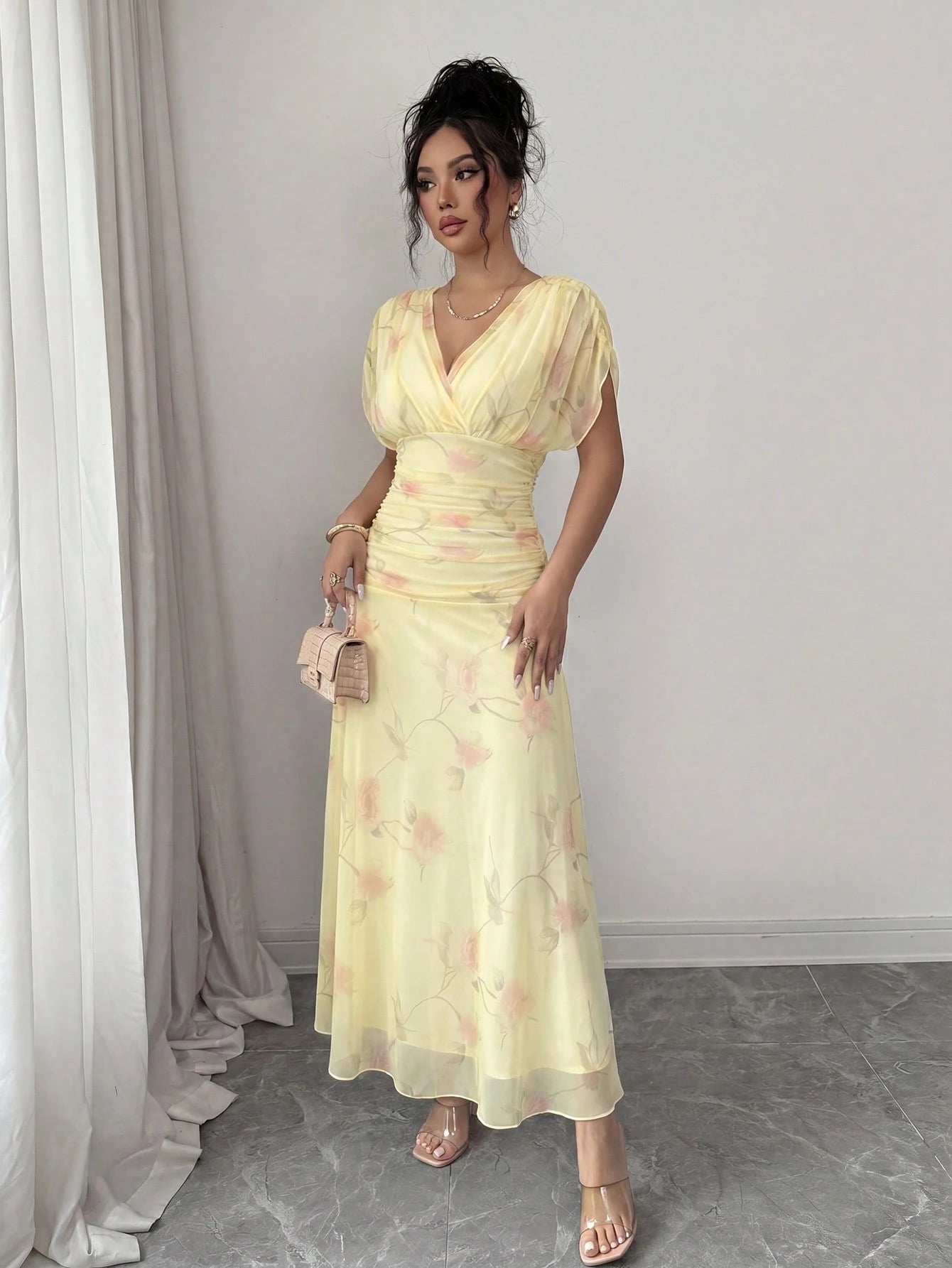 Elenzga Women's Elegant Summer Pink And Yellow Mesh Printed Peony Dress With Lining,Wedding Ninang Floral Dress For Formal Evenings,Parties & Dates