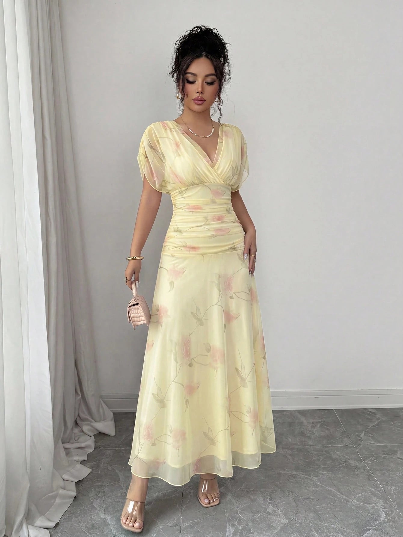 Elenzga Women's Elegant Summer Pink And Yellow Mesh Printed Peony Dress With Lining,Wedding Ninang Floral Dress For Formal Evenings,Parties & Dates