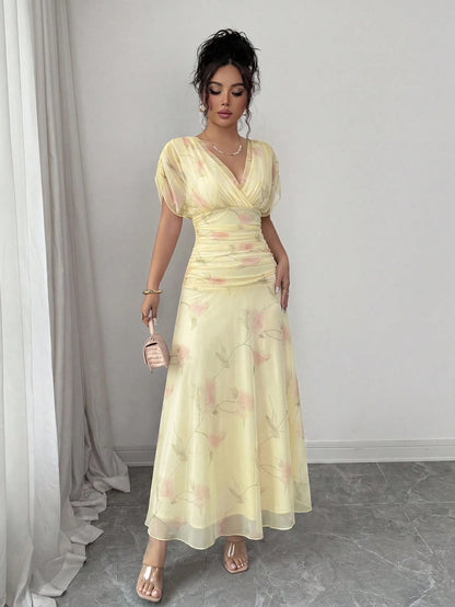 Elenzga Women's Elegant Summer Pink And Yellow Mesh Printed Peony Dress With Lining,Wedding Ninang Floral Dress For Formal Evenings,Parties & Dates