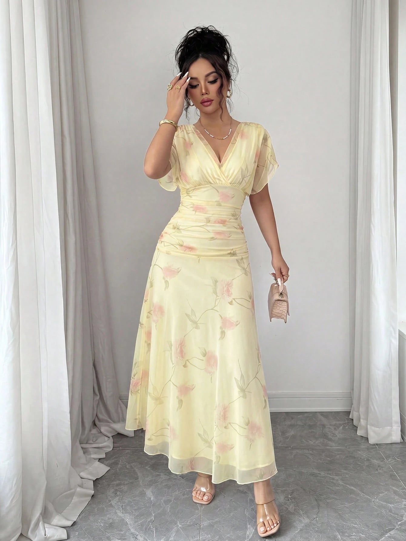 Elenzga Women's Elegant Summer Pink And Yellow Mesh Printed Peony Dress With Lining,Wedding Ninang Floral Dress For Formal Evenings,Parties & Dates