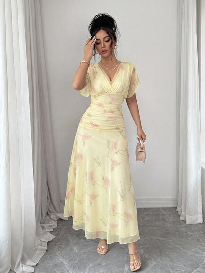 Elenzga Women's Elegant Summer Pink And Yellow Mesh Printed Peony Dress With Lining,Wedding Ninang Floral Dress For Formal Evenings,Parties & Dates