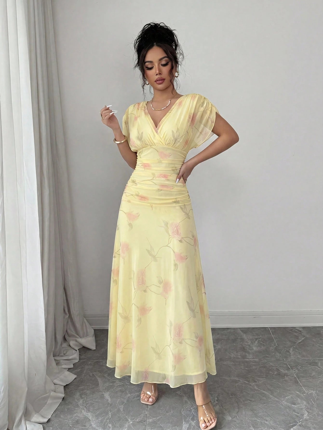 Elenzga Women's Elegant Summer Pink And Yellow Mesh Printed Peony Dress With Lining,Wedding Ninang Floral Dress For Formal Evenings,Parties & Dates