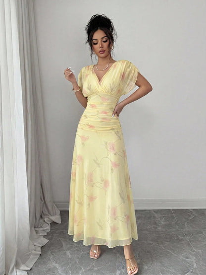 Elenzga Women's Elegant Summer Pink And Yellow Mesh Printed Peony Dress With Lining,Wedding Ninang Floral Dress For Formal Evenings,Parties & Dates