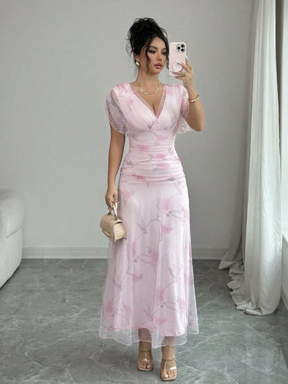 Elenzga Women's Elegant Summer Pink And Yellow Mesh Printed Peony Dress With Lining,Wedding Ninang Floral Dress For Formal Evenings,Parties & Dates