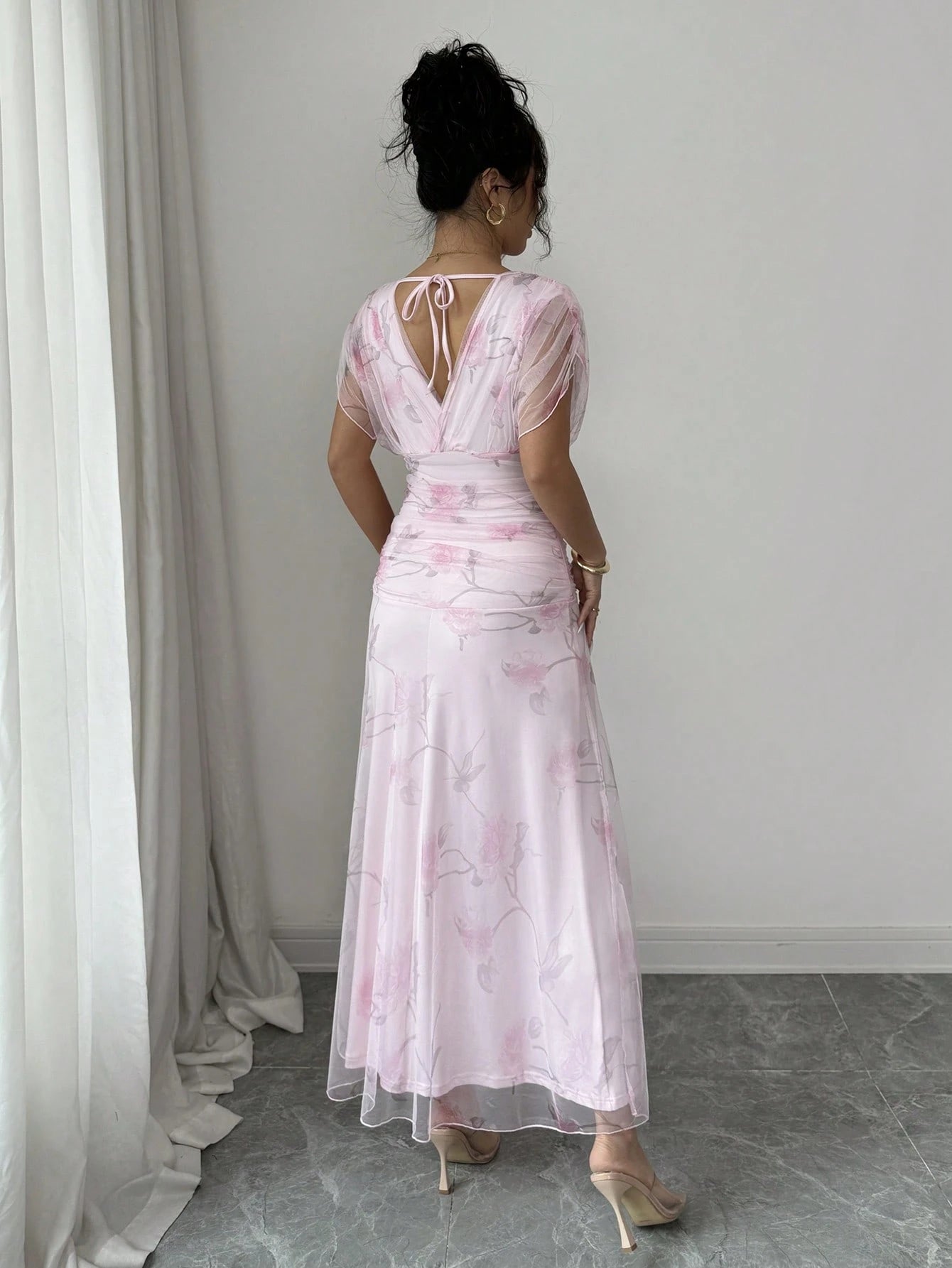 Elenzga Women's Elegant Summer Pink And Yellow Mesh Printed Peony Dress With Lining,Wedding Ninang Floral Dress For Formal Evenings,Parties & Dates