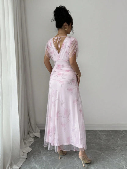 Elenzga Women's Elegant Summer Pink And Yellow Mesh Printed Peony Dress With Lining,Wedding Ninang Floral Dress For Formal Evenings,Parties & Dates