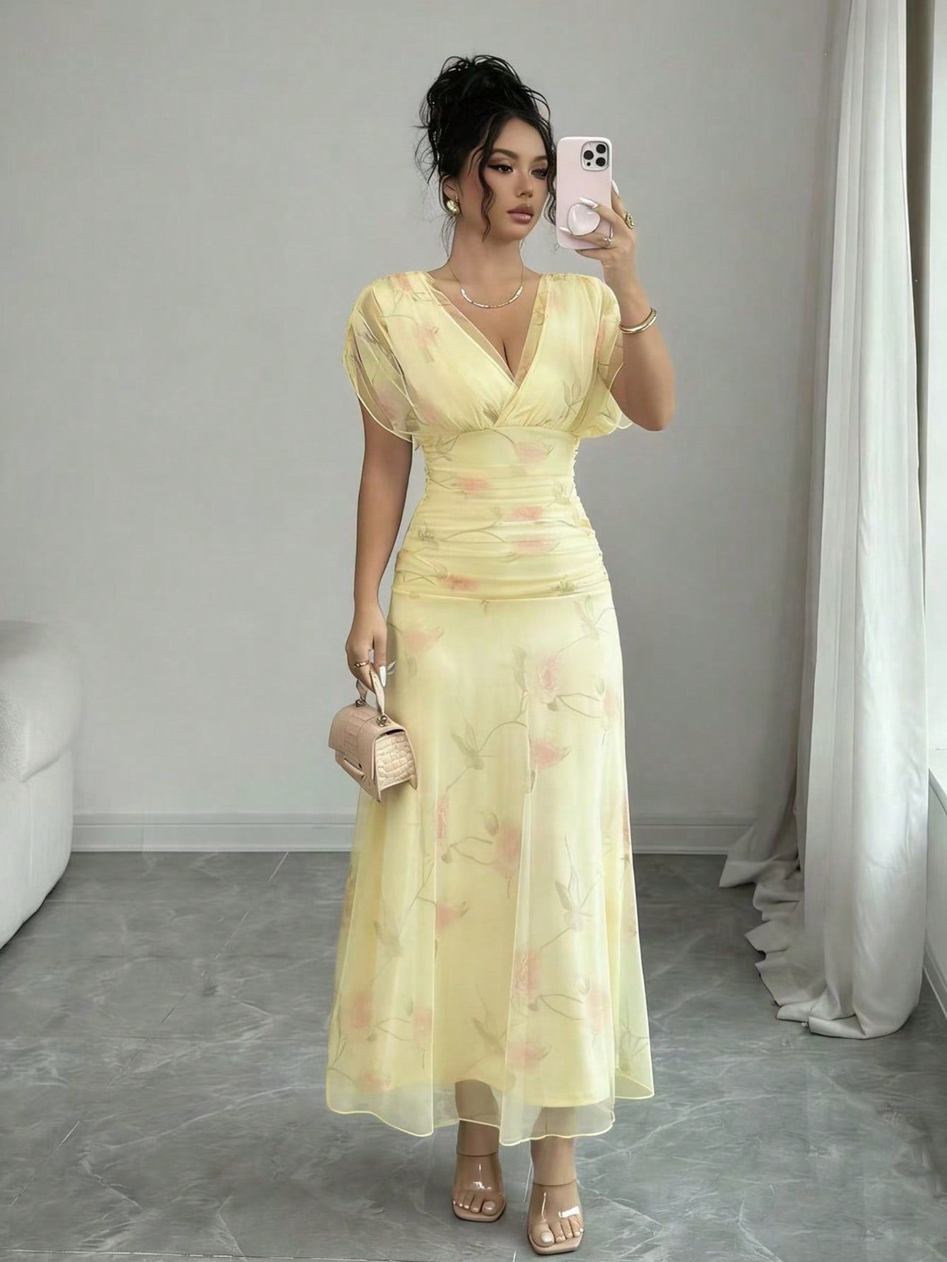 Elenzga Women's Elegant Summer Pink And Yellow Mesh Printed Peony Dress With Lining,Wedding Ninang Floral Dress For Formal Evenings,Parties & Dates