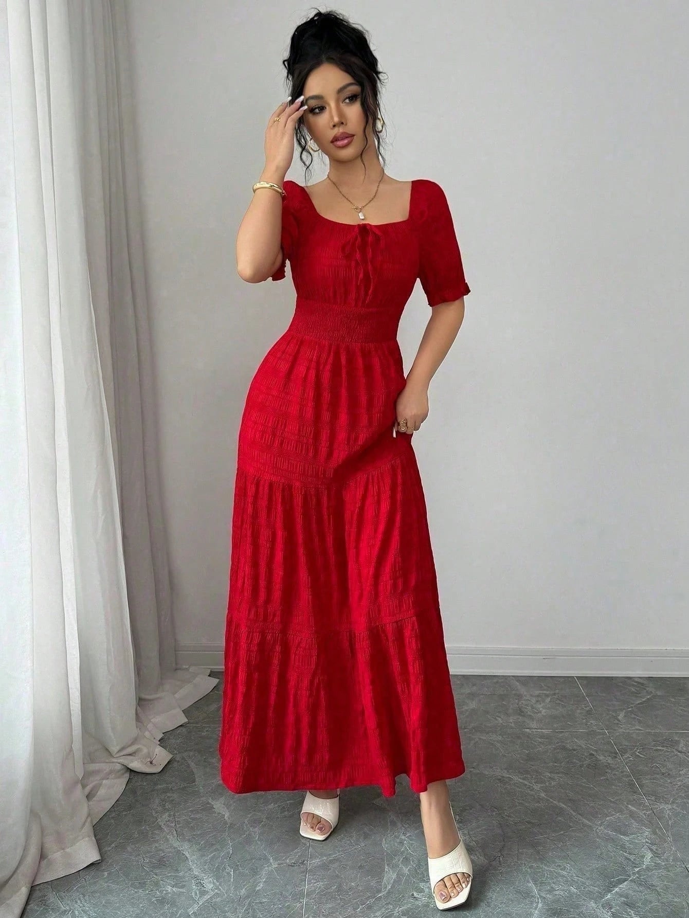 Elenzga Women's Elegant Waist Tie Petal Sleeve Dress, Summer