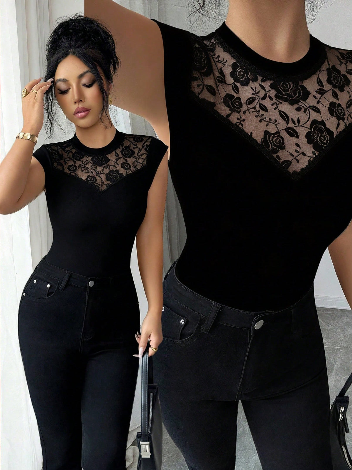 Elenzga Women's Fashion Round Neck Elegant Lace Patchwork Keyhole Neckline Slim Fit Camisole, Suitable For Daily Wear, Autumn/Winter & Spring/Summer
