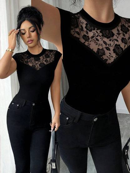 Elenzga Women's Fashion Round Neck Elegant Lace Patchwork Keyhole Neckline Slim Fit Camisole, Suitable For Daily Wear, Autumn/Winter & Spring/Summer