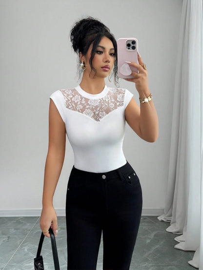 Elenzga Women's Fashion Round Neck Elegant Lace Patchwork Keyhole Neckline Slim Fit Camisole, Suitable For Daily Wear, Autumn/Winter & Spring/Summer