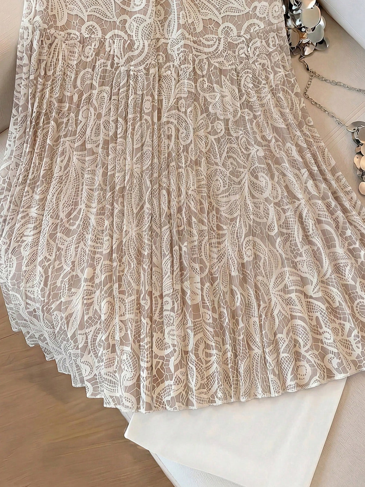 Elenzga Women's Floral Lace Pleated Midi Skirt