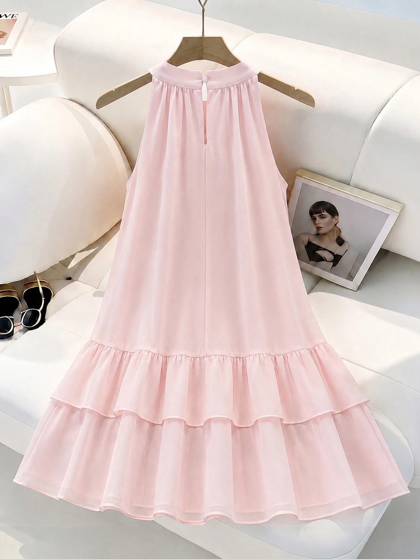 Elenzga Women's Sleeveless Tie-Front Bow Chiffon Dress,Elegant Baby Pink Summer Ruffled Layered Hem Dress,Classy Wedding Party Outfit,Versatile Casual Wear